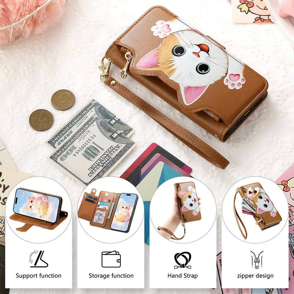 Capa Flip De Couro Carteira Com Zíper De Gato Fofo Para Samsung Galaxy A08 A18 A07 A17 A27 A37 A57 A06 A16 A26 A36 A56 A