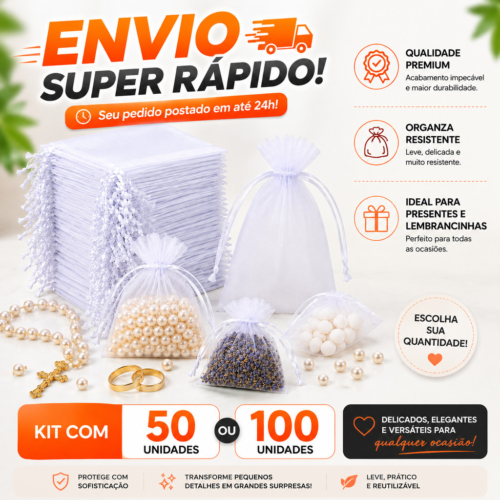 Kit 100 Saquinhos Saco Organza 7x9 / 9x12 / 10x15 / 20x30 + BRINDE - Branco Lembrancinha Natal Jóia Festa Casamento