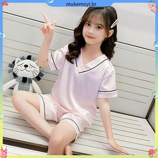 Roupas de casa para crianças grandes verão versão coreana pijamas de manga curta para meninas conjunto solto novo estilo
