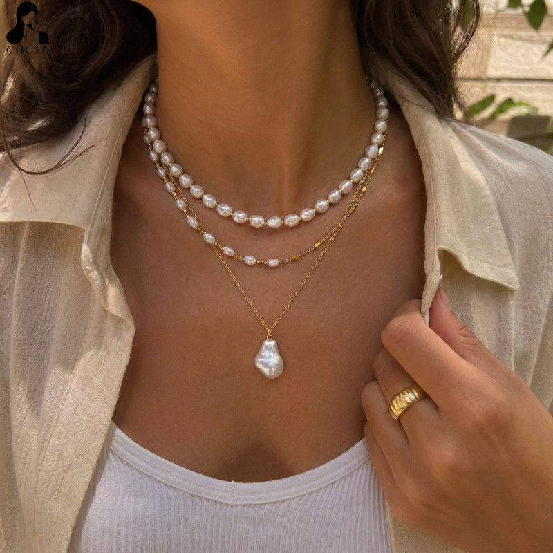 3 Colares de Estilo Francês para Mulheres, Colar de Pérolas Barrocas com Múltiplas Camadas, Elegante Pingente de Pérola 