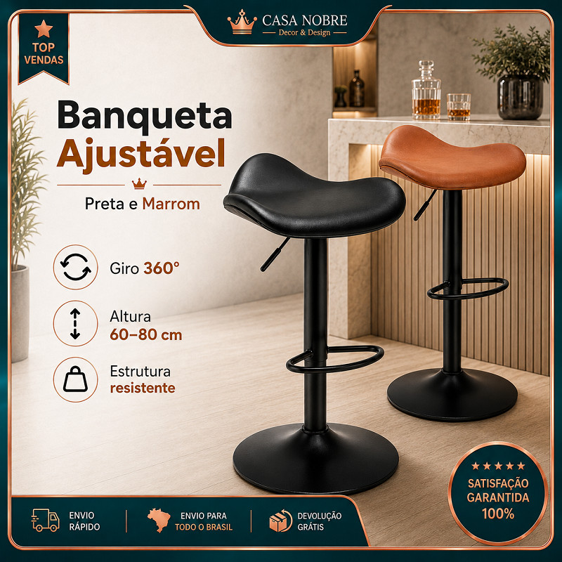 Banqueta Bar Ajustável 60‑80cm Giratória 360°, Assento Couro Sint. PU Para Balcão e Cozinha Residencial