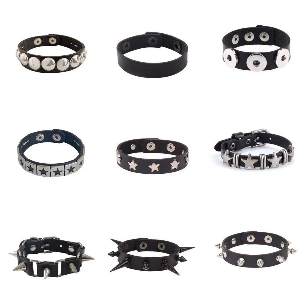 Pulseira de couro PU com botão criativo em forma de estrela, acessório masculino de estilo punk retrô, pulseira estreita