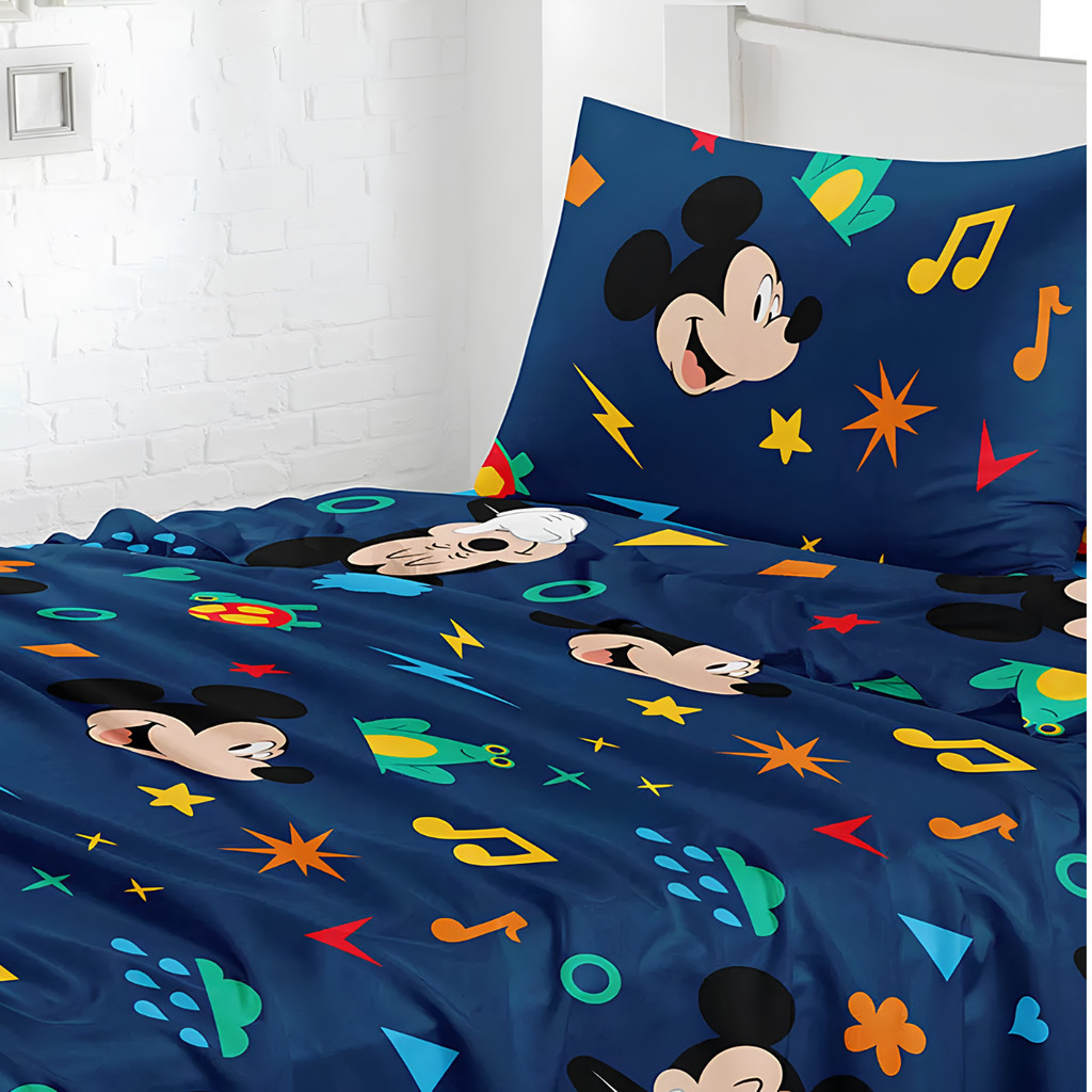Jogo de Cama Solteiro Infantil Mickey Disney Jolitex Toque de Seda 300 Fios Microfibra 2 Peças Lençol com Elástico