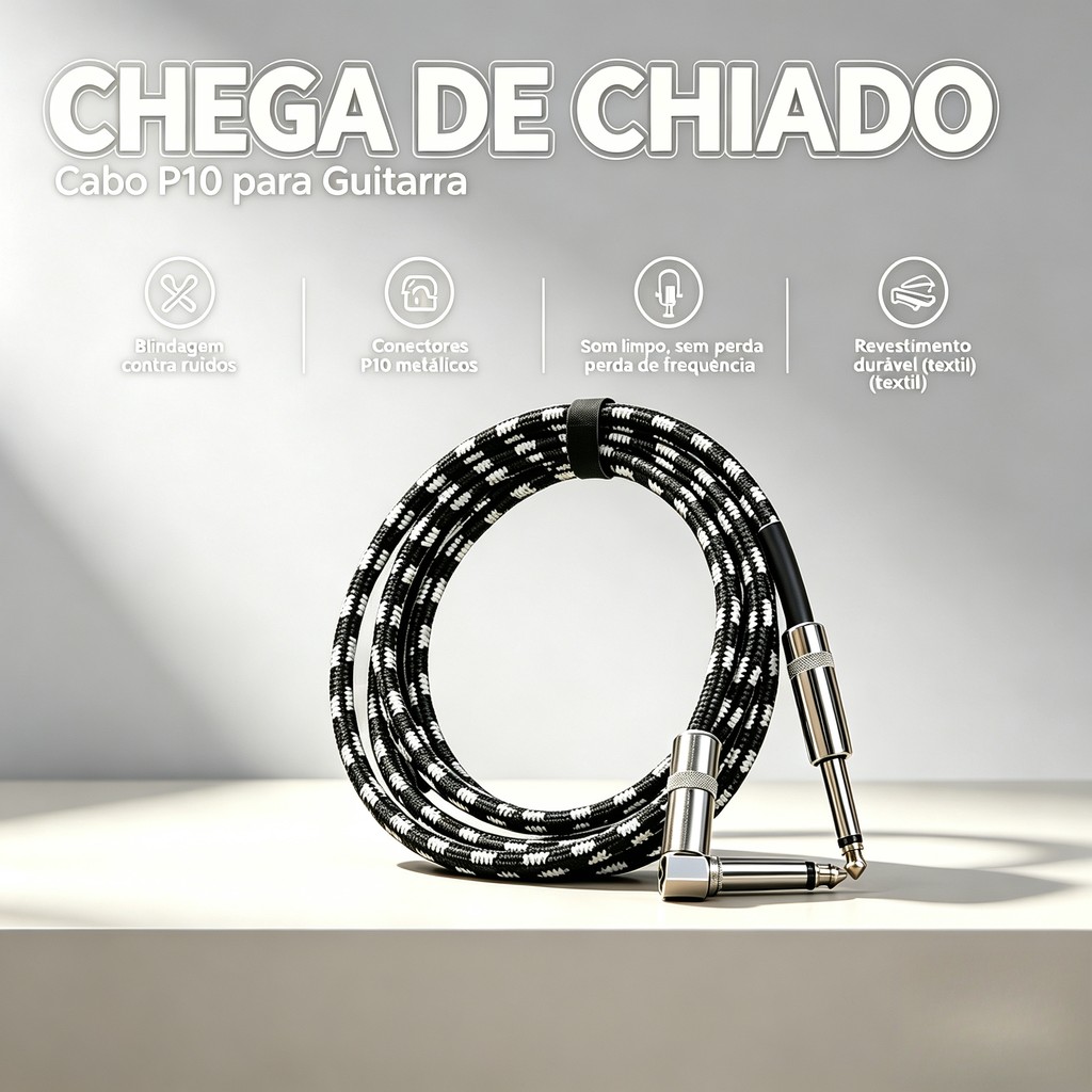 Cabo P10 3M Profissional Blindado para Guitarra Violão Baixo Teclado Bateria Eletrônica Amplificador Mesa de Som 90°