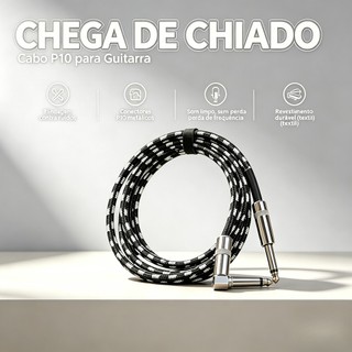 Cabo P10 3M Profissional Blindado para Guitarra Violão Baixo Teclado Bateria Eletrônica Amplificador Mesa de Som 90°