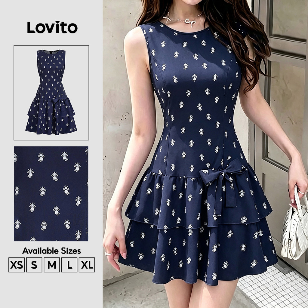 (New Arrival) Lovito Vestido Azulmarinho Feminino Elegante Com Padrão Floral Em Camadas Confortável E Estiloso De Primavera E Verão Para Trabalho Curto E Evasê DRB202P2D459