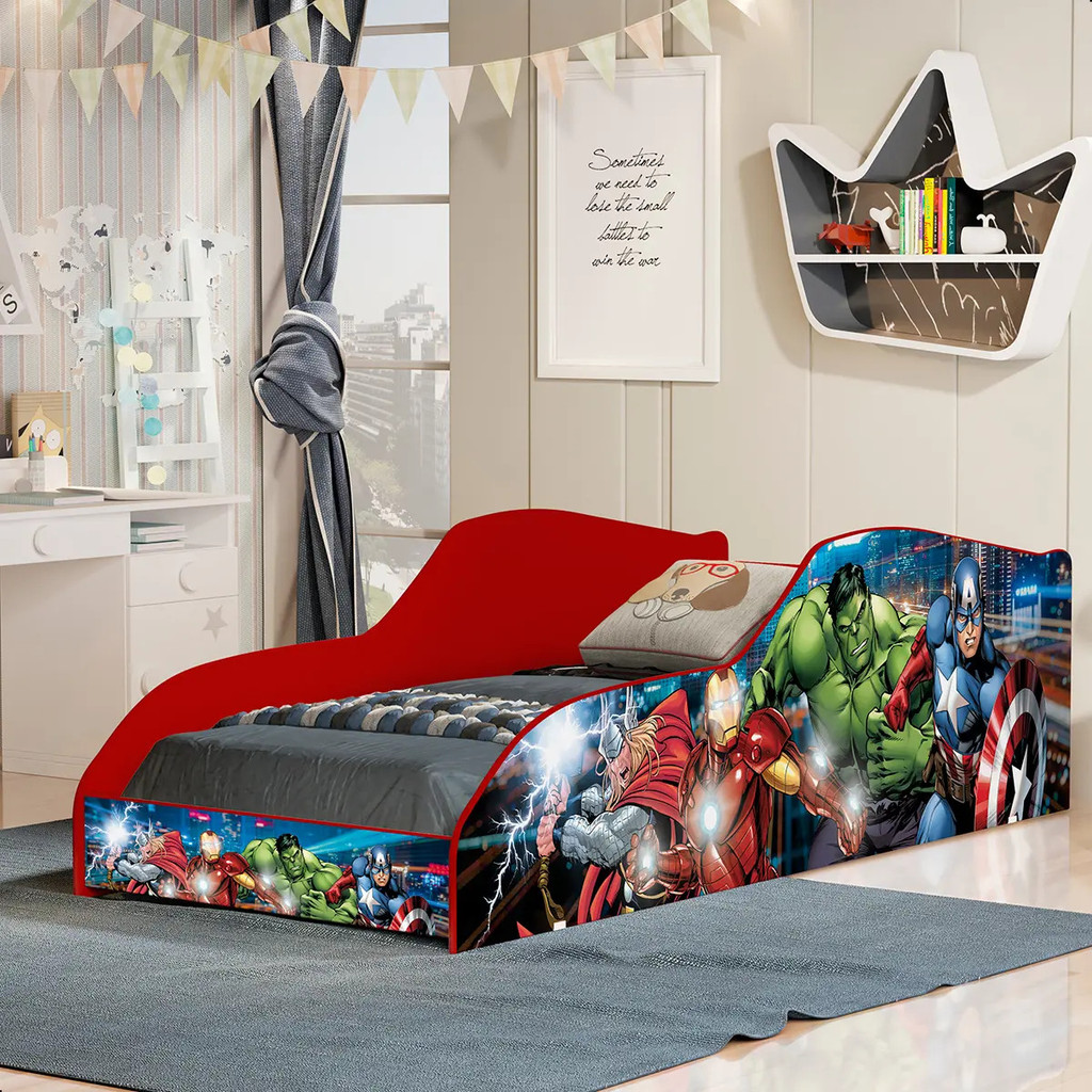 Cama Infantil Os Vingadores Com Colchão Grade De Proteção Mdf Para Quarto De Menino Vermelho — imagem 2 de 2