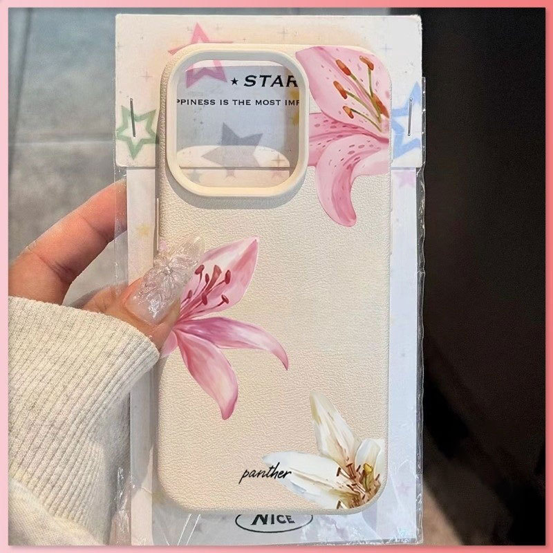 Flor de Lírio Textura de Couro Suave Capa Capinha Para iPhone 14 17 Air 16 15 Plus 18 13 12 11 Pro Max Normal Anti‑Risco