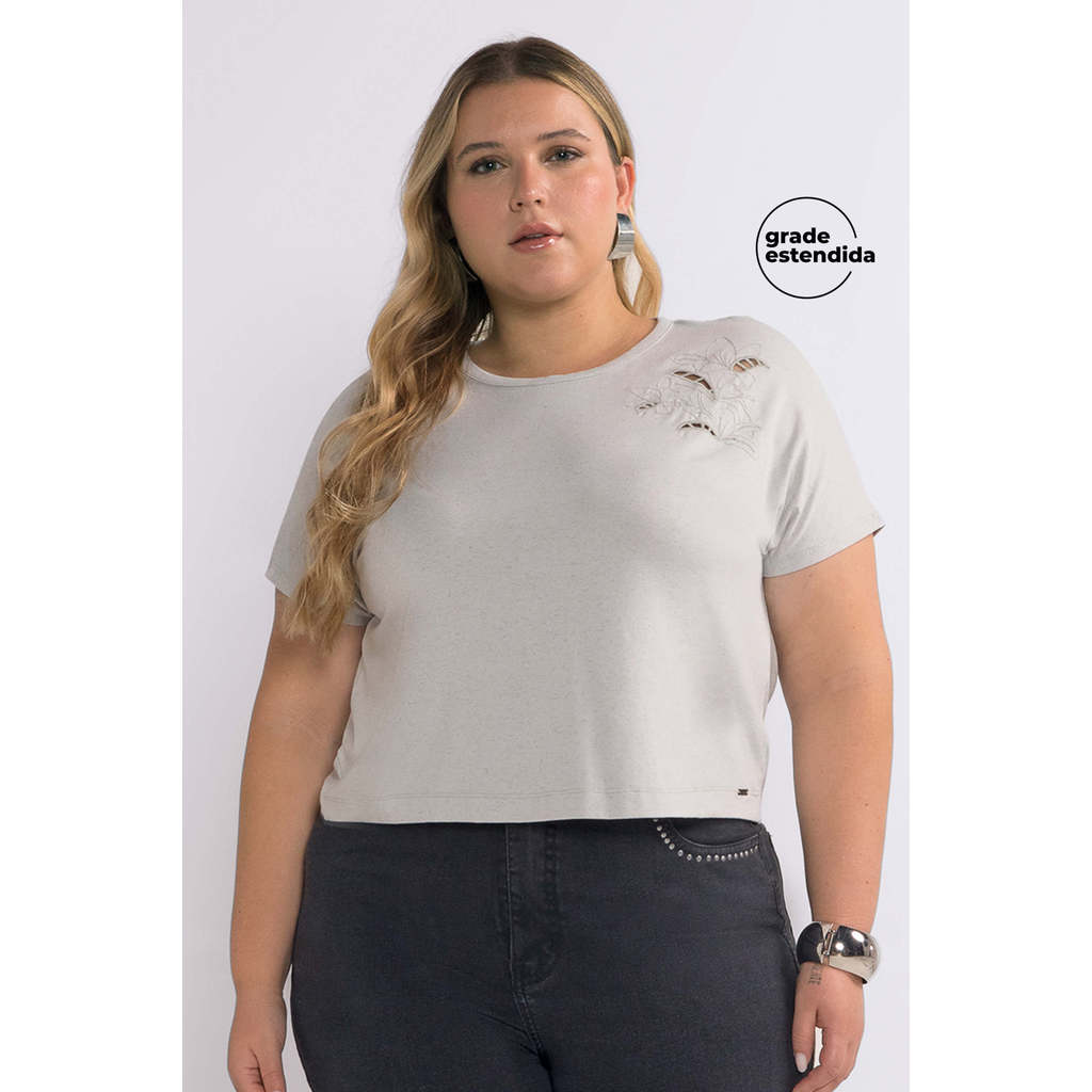 T-Shirt Feminina Bordado Folhas Marialícia Cinza