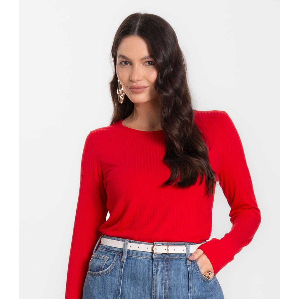 Blusa Feminina Canelada Com Manga Longa Rovitex Vermelho