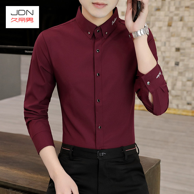 Primavera camisa borgonha masculina magro-ajuste versão coreana não-ferro camisa masculina de manga comprida negócios Ca