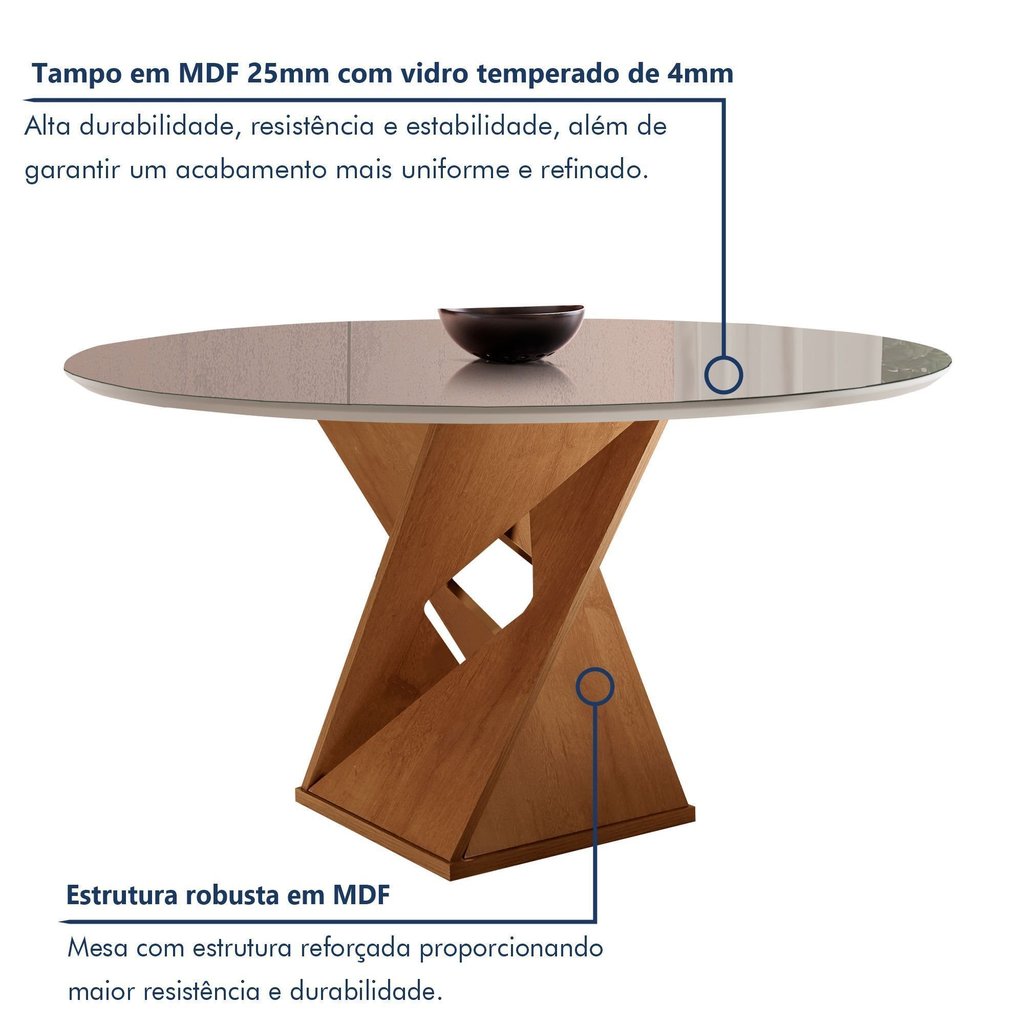 Conjunto Mesa Redonda com Vidro e 6 Cadeiras Tampo 120CMX120CM Barcelona Yescasa Cinamomo/Off White/Suede Pena · foto 2