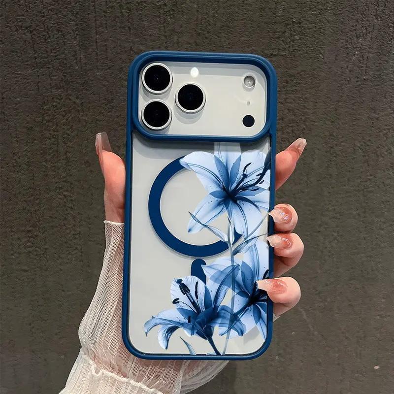 Estojo magnetico MagSate Snap sussurro lirioazul para iPhone 18 17 16 15 14 13 protetora ultrafina a prova de choque