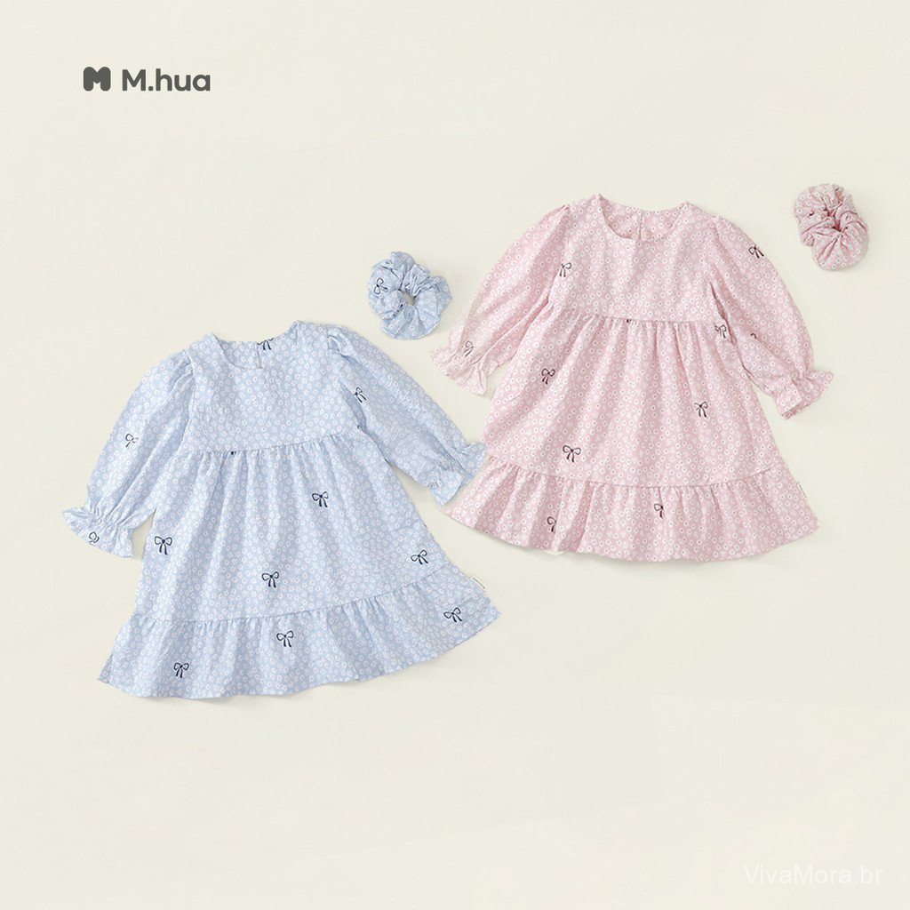 Vestido Infantil 2026 Coreano com Decote Redondo e Laço, Vestido de Princesa para Bebê, Vestido Infantil de Primavera e