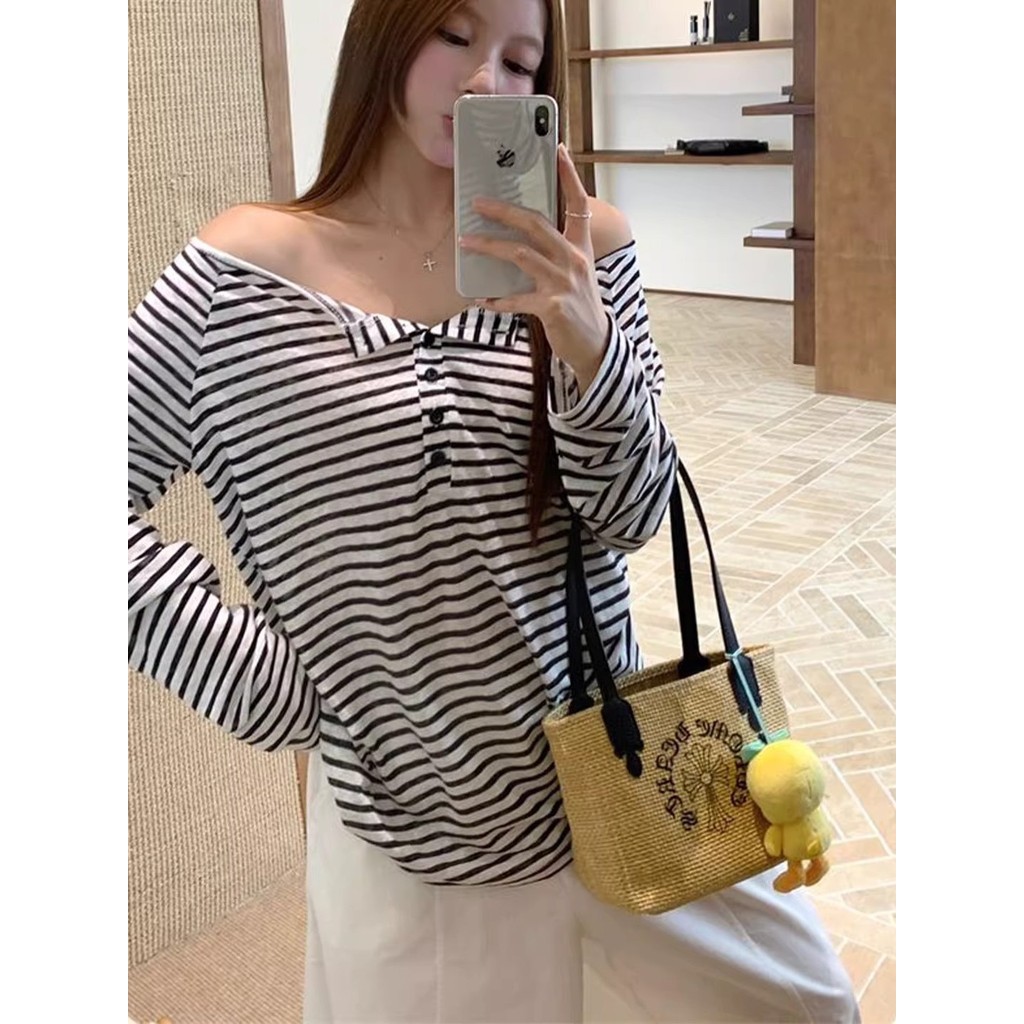 Estilo preguiçoso listrado manga comprida camiseta feminina verão novo estilo de um pescoço sem alças solto estilo fino 