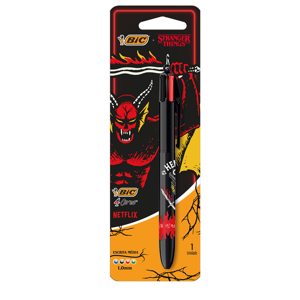 Caneta esferográfica 1.0 retrátil Stranger Things Hellfire 4 cores Bic