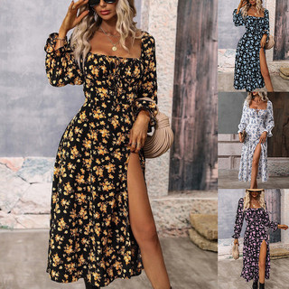 2026 Cross-Border outono inverno novo estilo impresso manga comprida Halter vestido boêmio feminino
