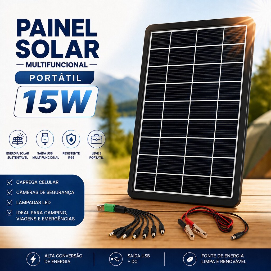 Kit Painel Solar Portátil 15W Carregador USB DC com 2 Cabos para Celular Câmera LED Camping