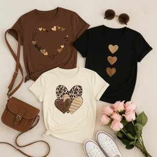 Kit 3 Camisetas Coração Glitter Oncinha | Marrom, Preta e Branca | Amor Romântico