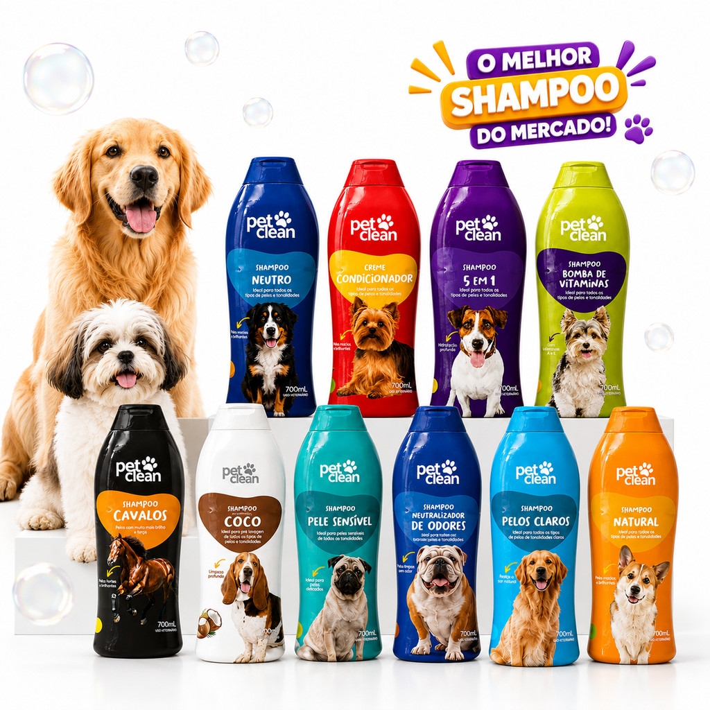 Shampoo Pet Clean 700ml Cães e Gatos Filhotes Natural Clareador Escurecedor Melhor Qualidade