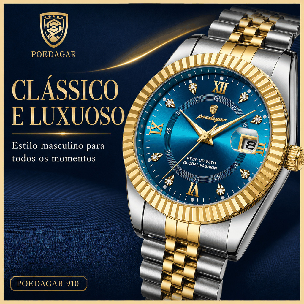 Relógio Masculino de Luxo POEDAGAR – Aço Inoxidável Dourado, Quartzo, Ponteiros Luminosos, À Prova d'Água, com Data — imagem 2 de 2