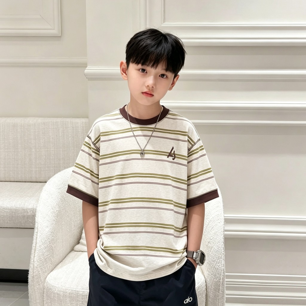 Meninos fino camiseta de manga curta 2026 novo estilo crianças bebê menino verão Base camisa bebê impresso listrado lega