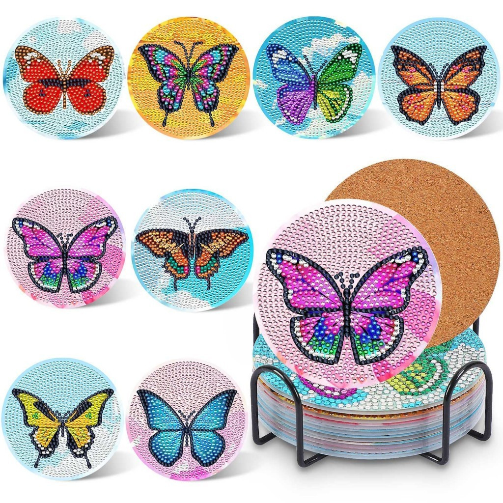 Kit De Porta-Copos Para Pintura De Diamante-8 Peças De Arte DIY Borboleta Com Suporte Decoração De Casa