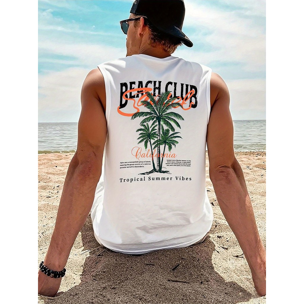 Regata Machão Oversized Masculina California Beach Club Coqueiros Praia Verão Streetwear Algodão Estampada