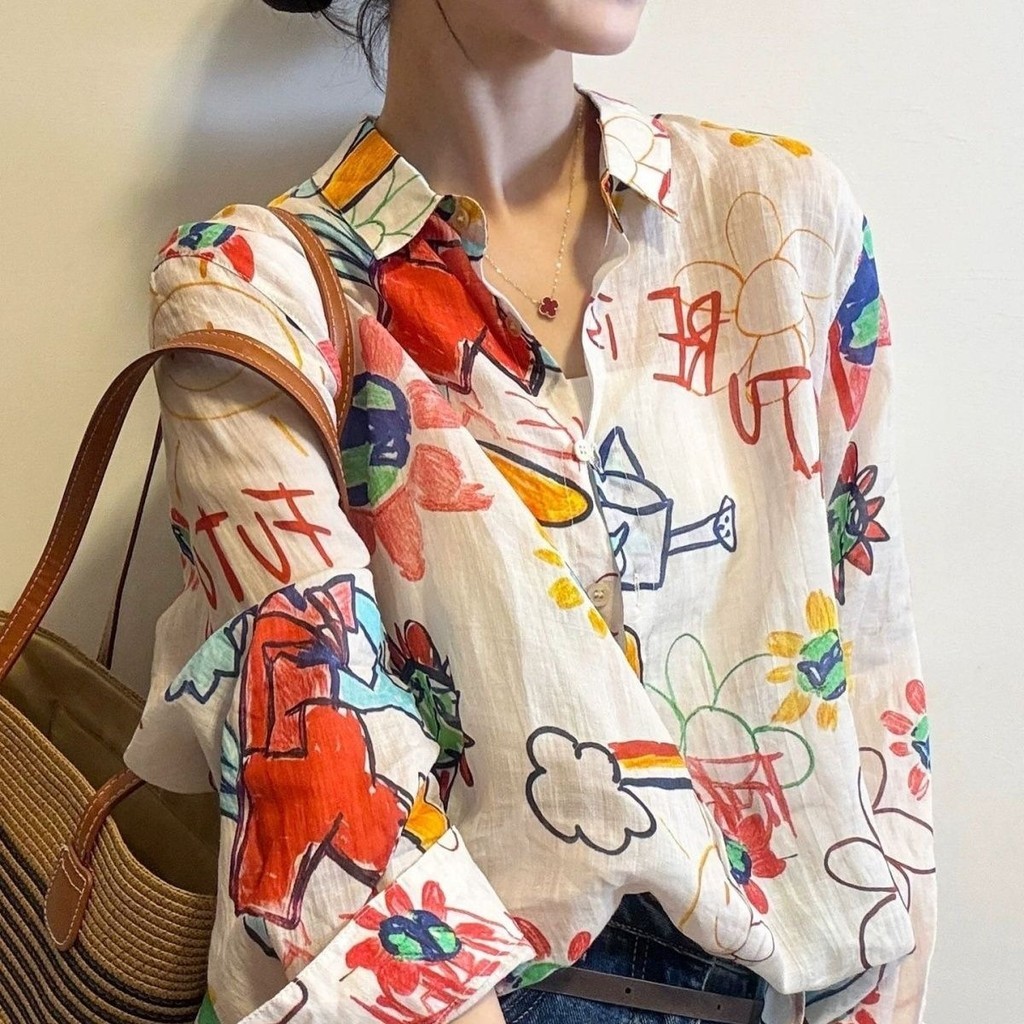 Retro impresso lapela moda camisa feminina 2026 primavera verão novo estilo feminino estilo fino protetor solar camisa n