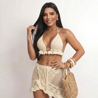 Conjunto Saída de Praia Feminino Tricô Saia e Top Tricot Moda Verão beachwear