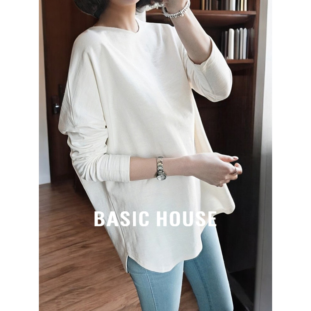 Casa básica/casa básica forro de lã branca camisa feminina outono com calças de tubarão camiseta de manga comprida de co