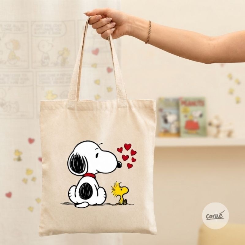 Bolsa Ecobag Snoopy Amizade 100% Algodão Cru Sacola Ecológica Alça Trançada Resistente