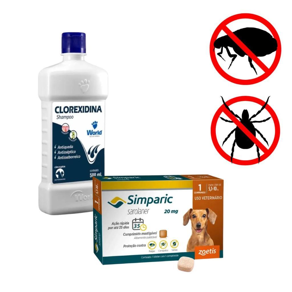 Kit Antipulgas e Cuidados C/Pele Simparic 20MG + Shampoo Clorexidina