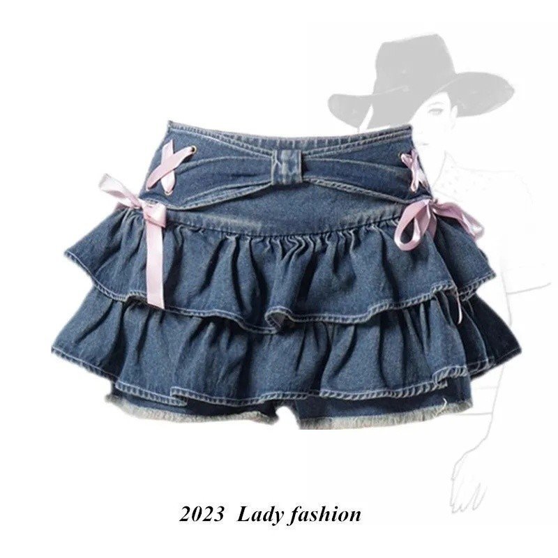 Saia Mini de Denim Feminina de Verão, Estilo Americano, Doce e Picante, com Laço, no Estilo Pure Desire.