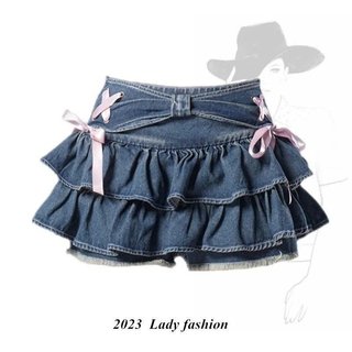 Saia Mini de Denim Feminina de Verão, Estilo Americano, Doce e Picante, com Laço, no Estilo Pure Desire.