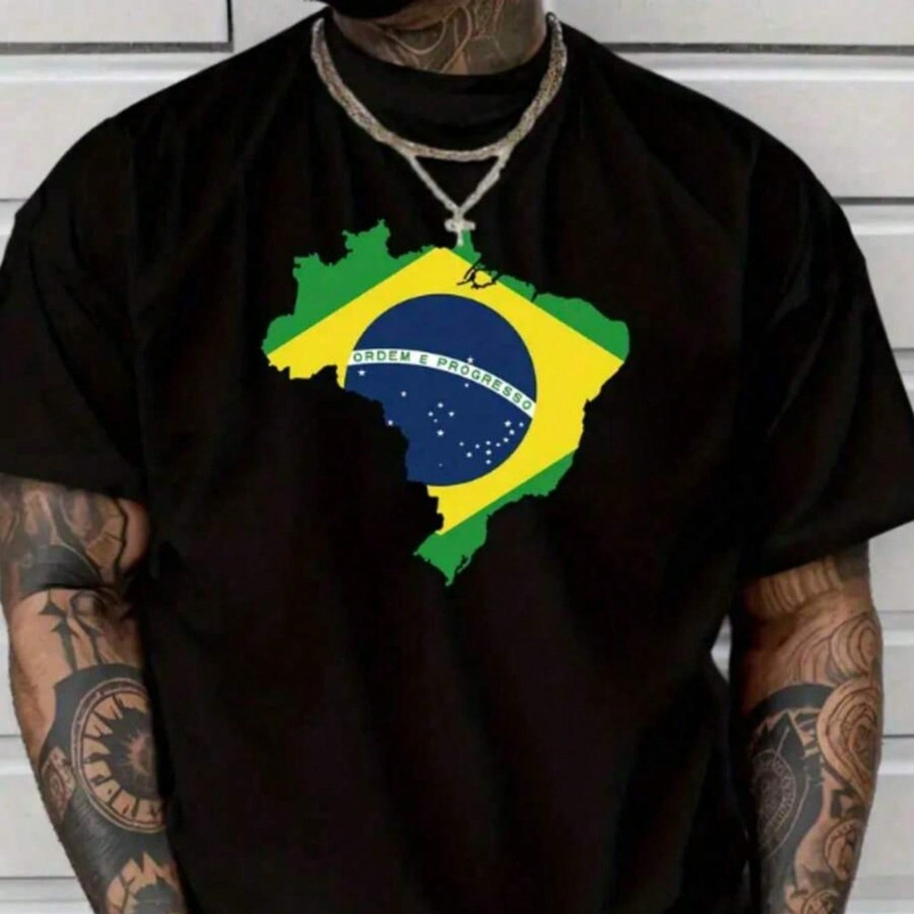 Camiseta Masculina Casual com Estampa da Bandeira do Brasil - 100% Algodão Mais Barata