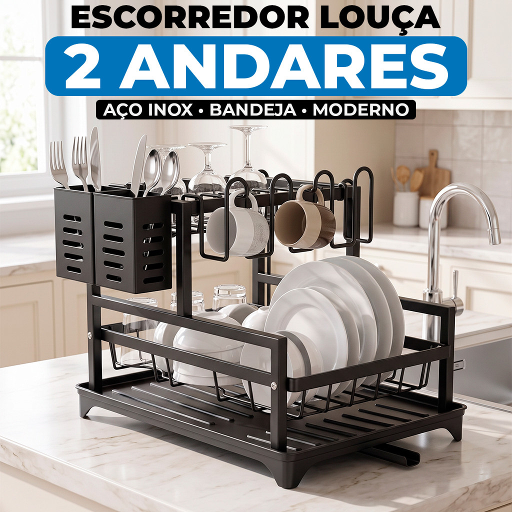 Escorredor De Louça Aço Inox 2 Andares Over Sink Porta Talheres Organizador Cozinha Pia Hercos