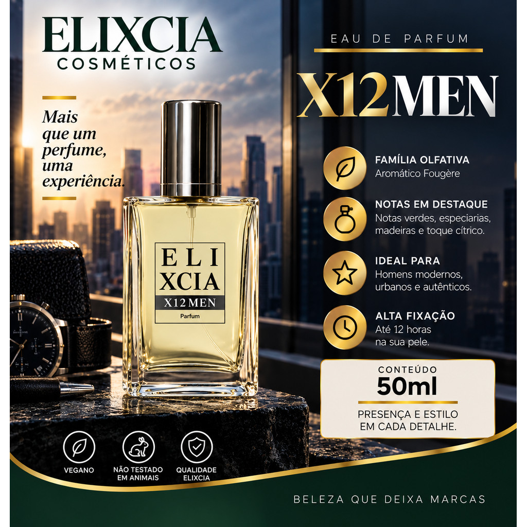 Perfume Masculino X12 Mem Elixcia 50ml – Amadeirado Fresco – Dia a Dia – Alta Fixação