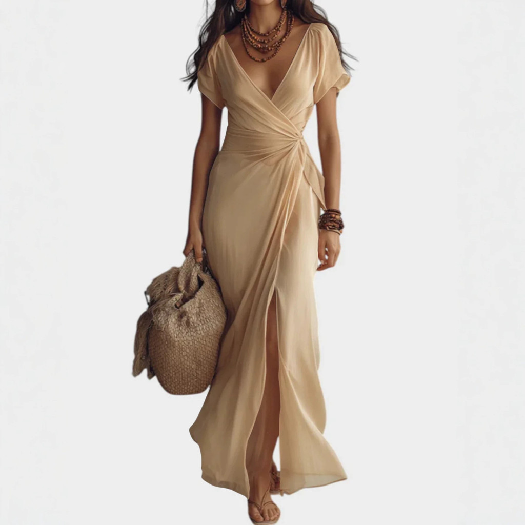 2026 estilo europeu americano saia longa cor sólida vestido com decote em V elegante vestido de cintura estreita divisão