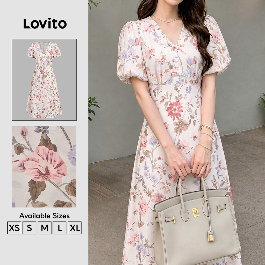 Lovito Vestido Feminino Elegante com Estrutura e Estampa para a primavera/verão DRK8P1D666