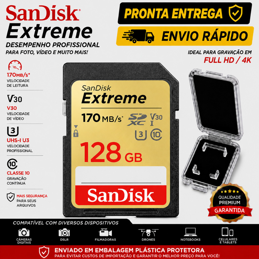Cartão SD SanDisk Extreme 32GB 64GB 128GB UHS-I U3 V30 170MB/s Para Câmeras Filmadoras Canon Nikon Sony GoPro Drone