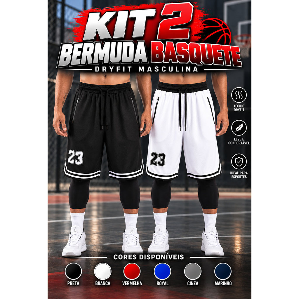 Kit 2 Shorts Basquete Bermuda Dryfit Masculina Academia Leve e Respirável