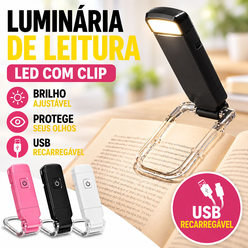 Mini Luminária LED de Leitura com Clip USB Flexível Brilho Ajustável  Portátil Proteção dos Olhos Bivolt