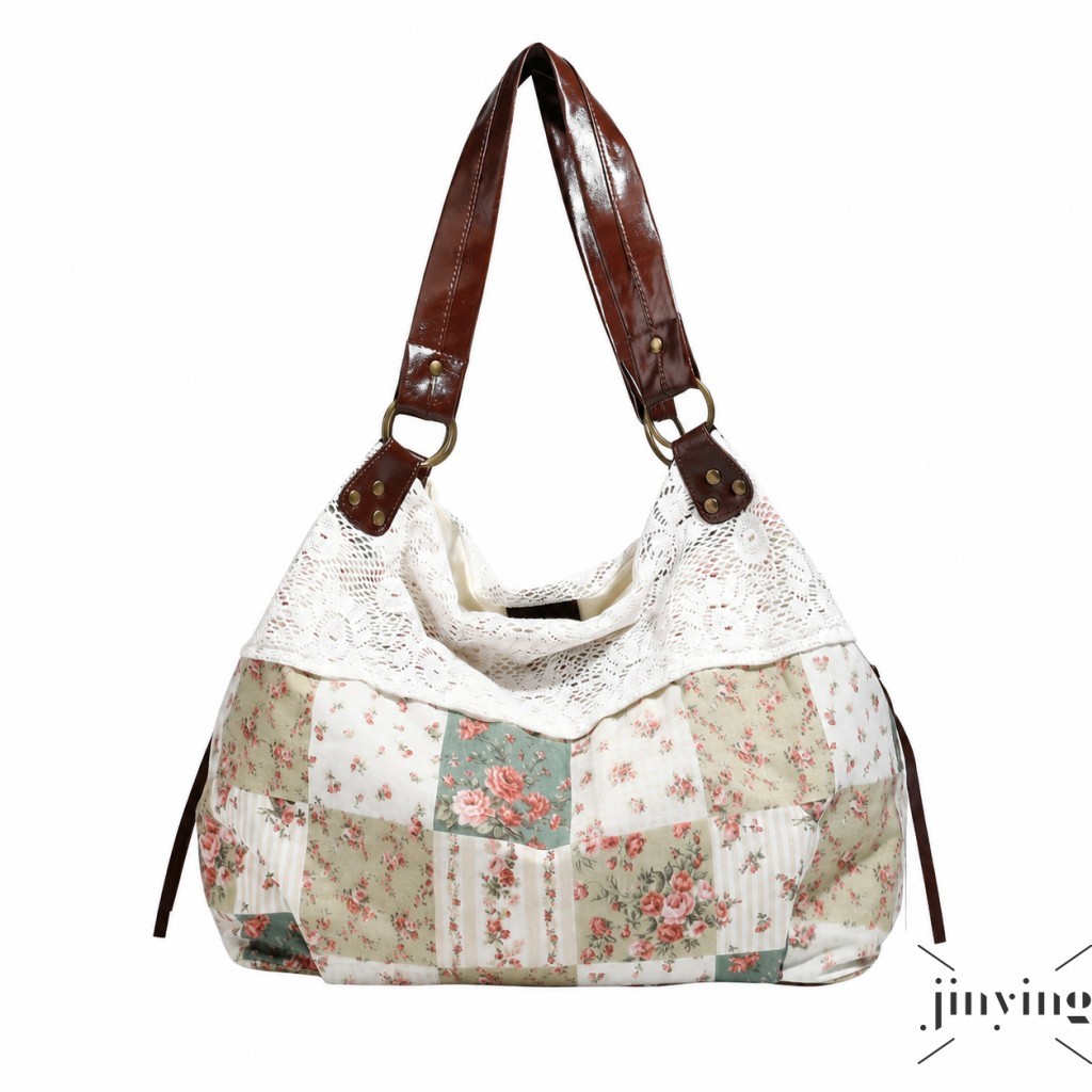 Sacola De Lona Floral Para Mulheres , Bolsa De Ombro De Grande Capacidade Com Retalhos De Renda , Transporte Engrossado 