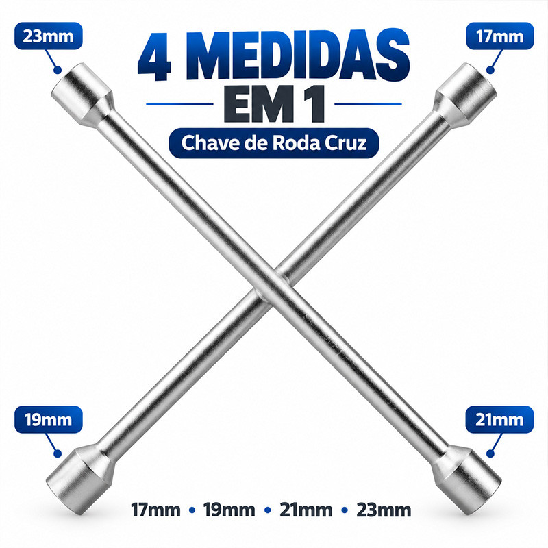 Chave de Roda Cruz Reforçada 4 Bocas 17x19x21x23 Ferramenta Troca Pneu Automotiva