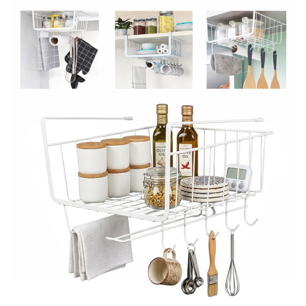 SUPORTE CESTO SUPENSO BRANCO ORGANIZADOR 5 GANCHOS MULTIUSO ARMARIO PRATELEIRA COZINHA LAVANDERIA ESCRITORIO