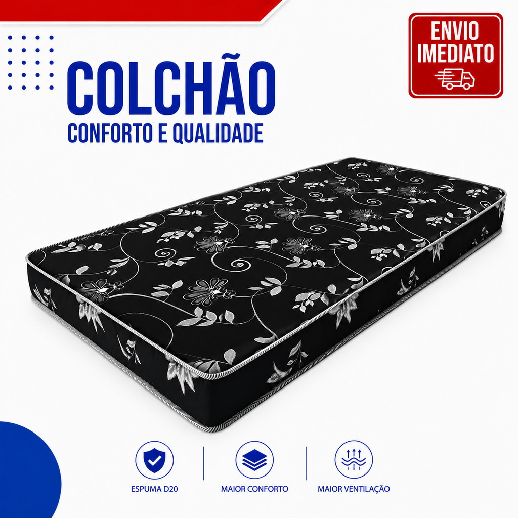 Colchão de Solteiro D20 188x88x12 Alta Densidade 100% Espuma Antiácaro e Antialérgico