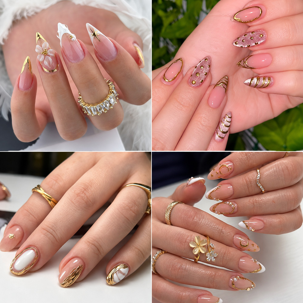 ZICAN 24/30 Pçs Suave Em Unhas Naturais Nu Rosa Ouro Glitter Redemoinho Imprensa Longo Amêndoa Brilhante Falsas Manicure