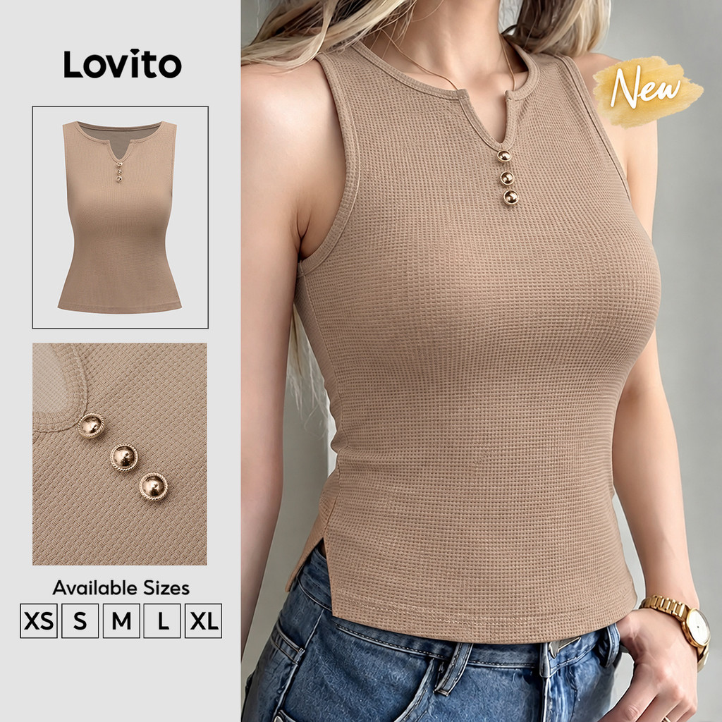 (New Arrival) Lovito Top cáqui Feminino Casual Sem Mangas Decote V botões Fenda Frontal primavera/verão TKB205P2D704