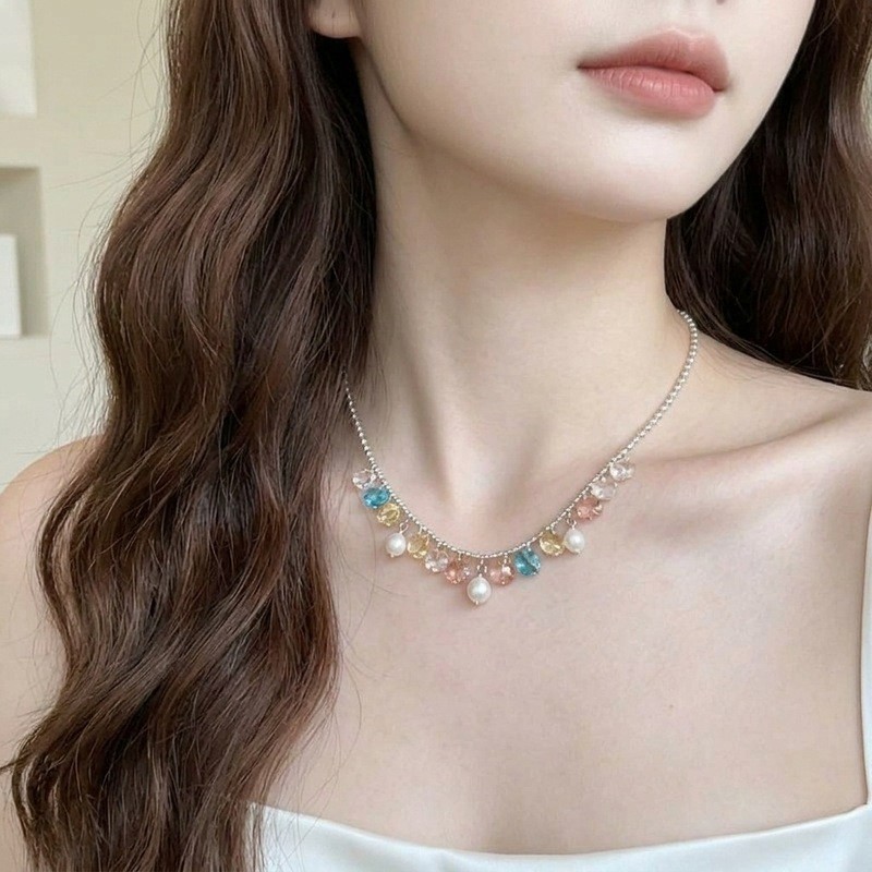 Pronto estoque francês colorido Gem pérola colar feminino luz luxo High-End clavícula corrente colar sentir colar 0922